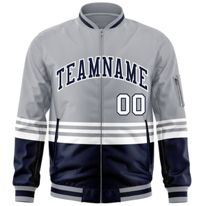 Custom Gray Navy-White Varsity Full-Zip Color Block Letterman Bomber Jacket