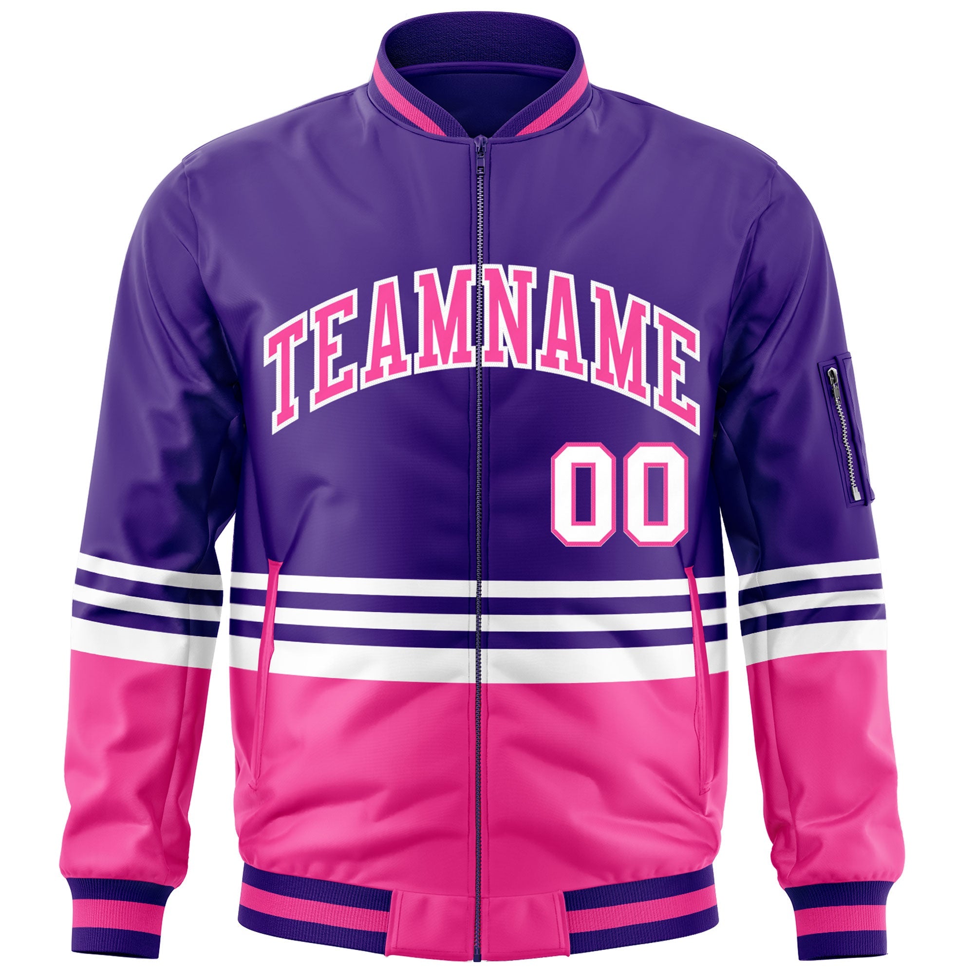 Custom Purple Pink-White Varsity Full-Zip Color Block Letterman Bomber Jacket