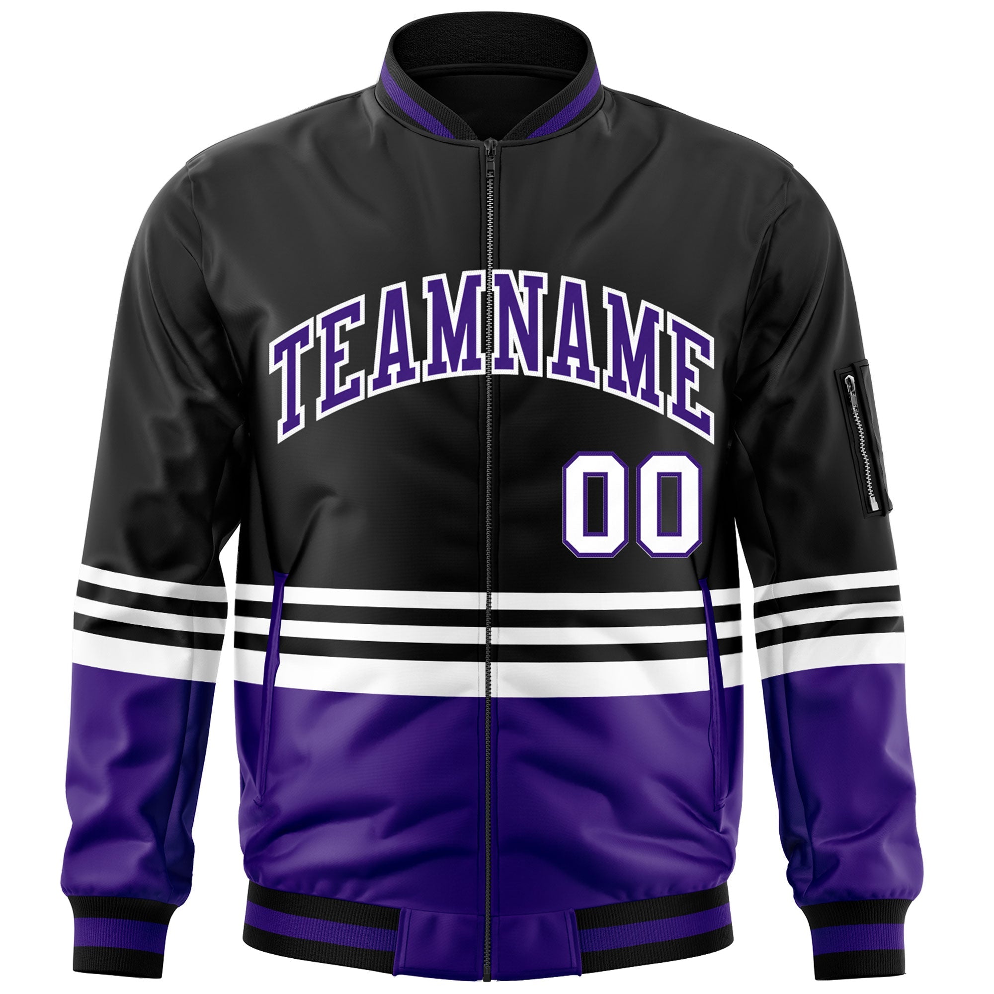 Custom Black Purple-White Varsity Full-Zip Color Block Letterman Bomber Jacket