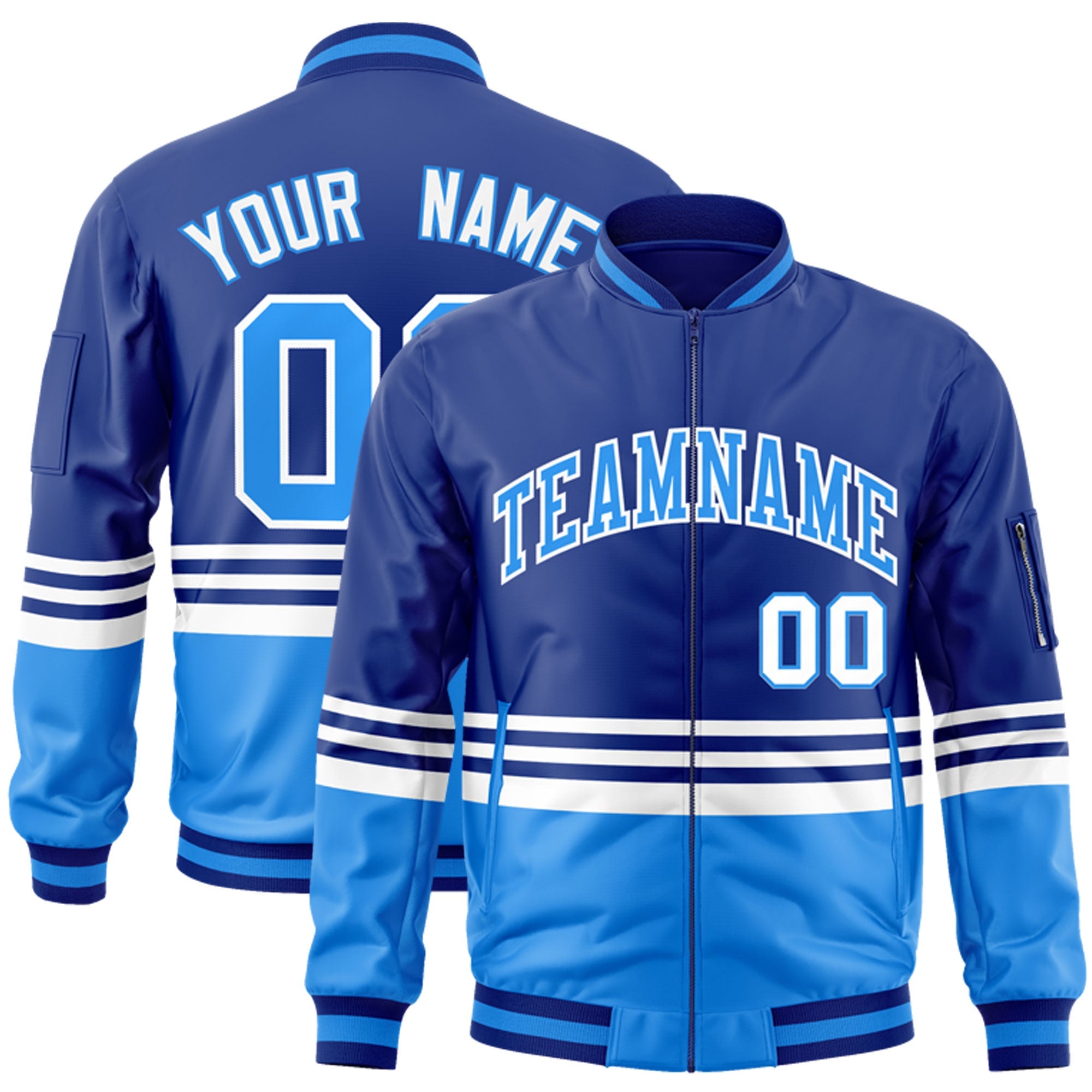 Custom Royal Powder Blue-White Varsity Full-Zip Color Block Letterman Bomber Jacket