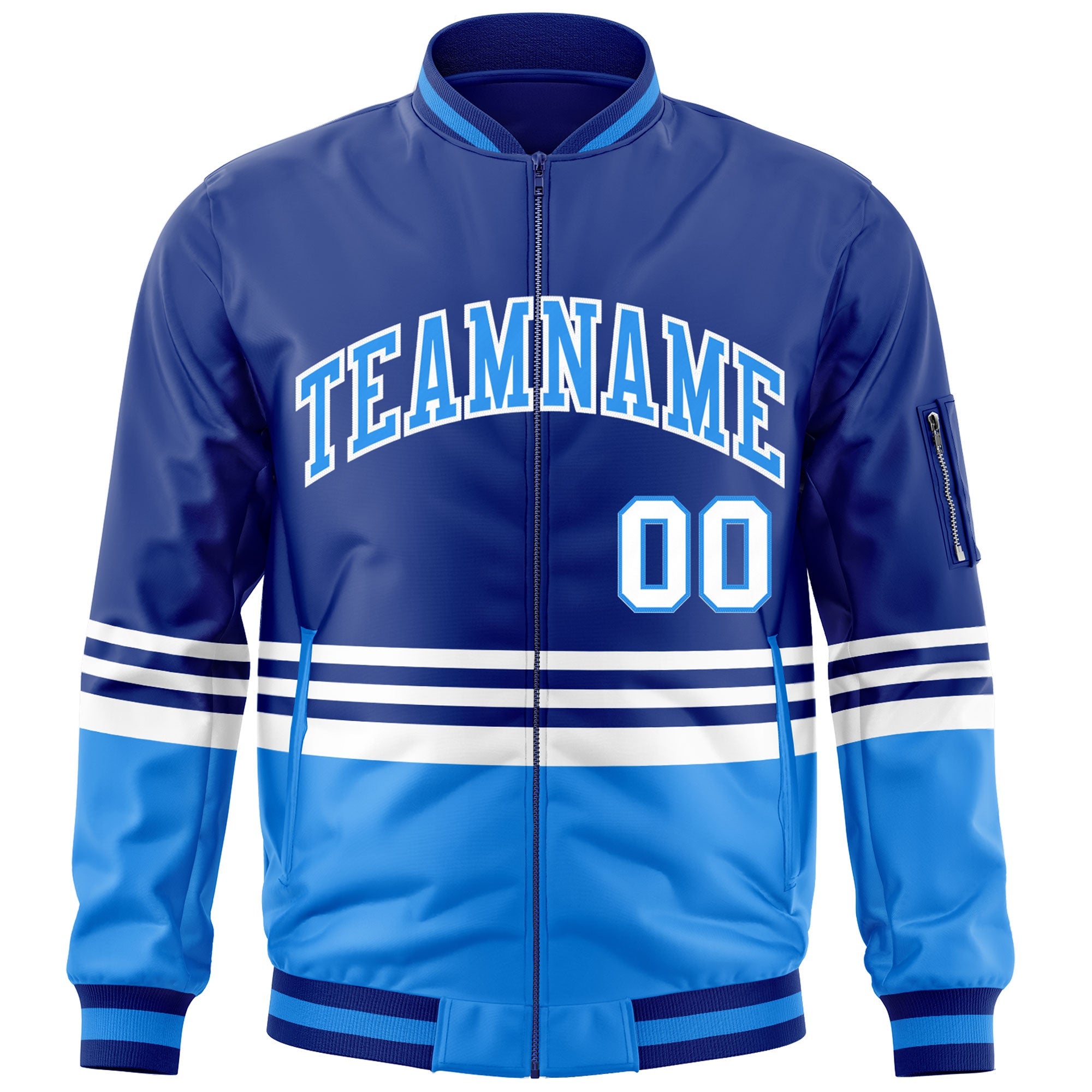 Custom Royal Powder Blue-White Varsity Full-Zip Color Block Letterman Bomber Jacket