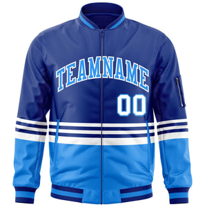 Custom Royal Powder Blue-White Varsity Full-Zip Color Block Letterman Bomber Jacket