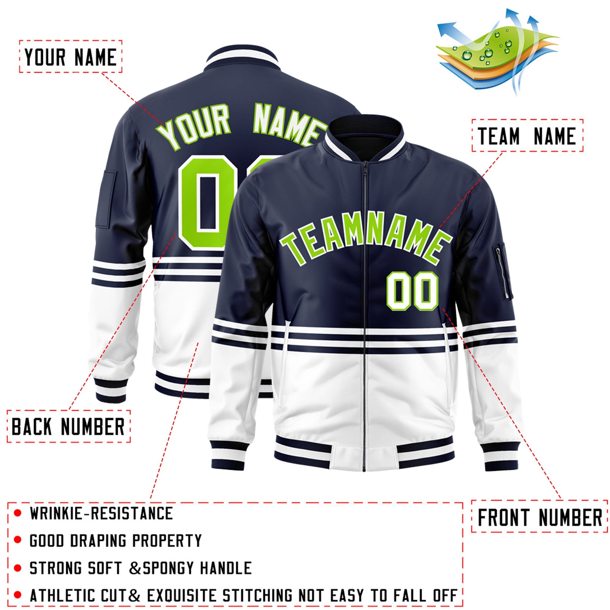 Custom Navy Neon Green-White Varsity Full-Zip Color Block Letterman Bomber Jacket