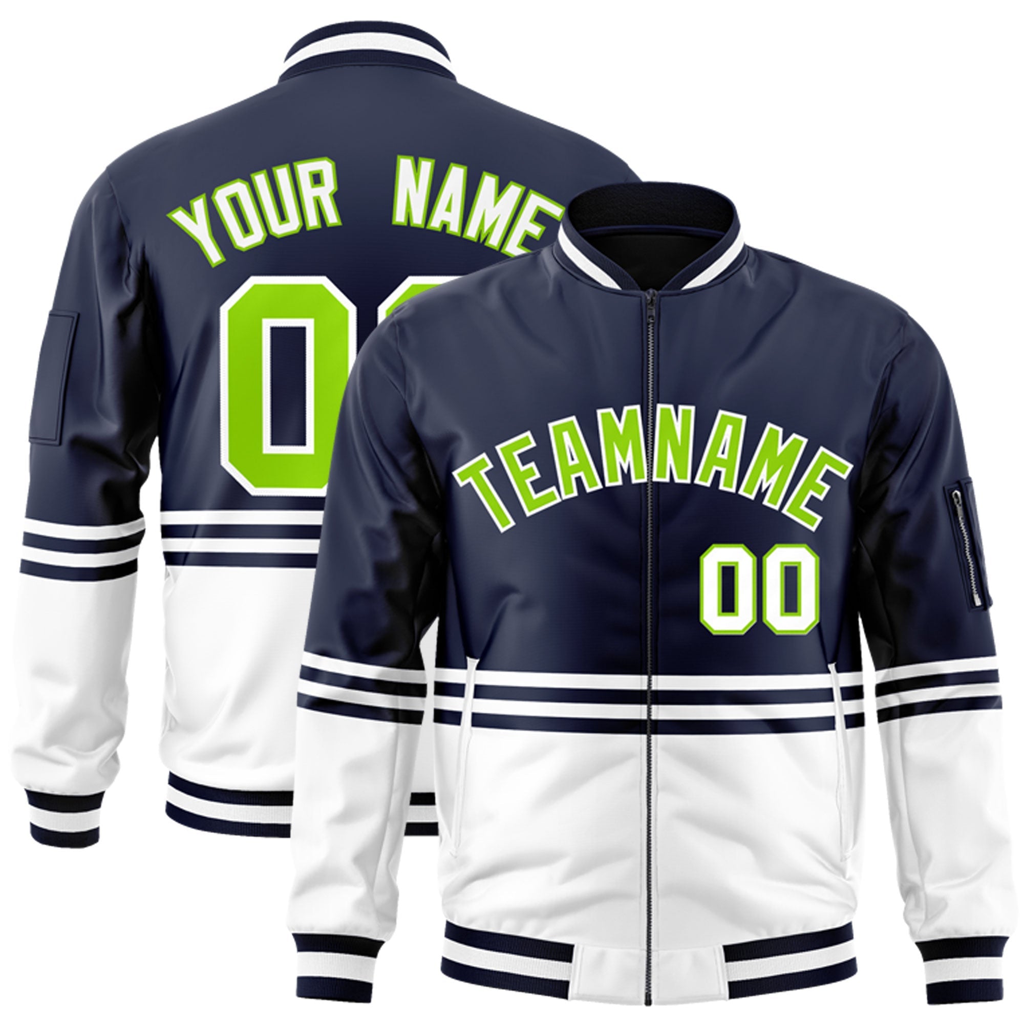 Custom Navy Neon Green-White Varsity Full-Zip Color Block Letterman Bomber Jacket