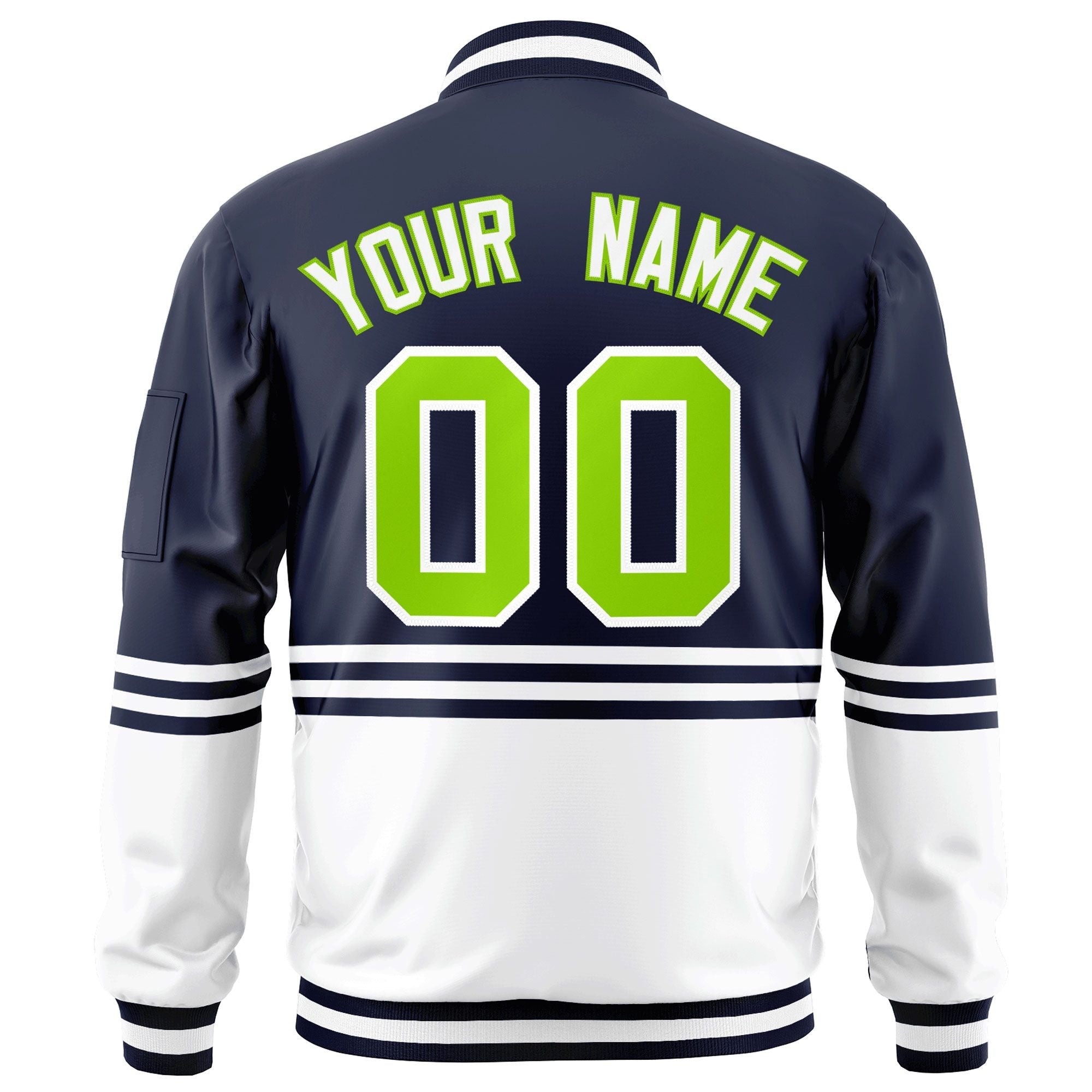 Custom Navy Neon Green-White Varsity Full-Zip Color Block Letterman Bomber Jacket