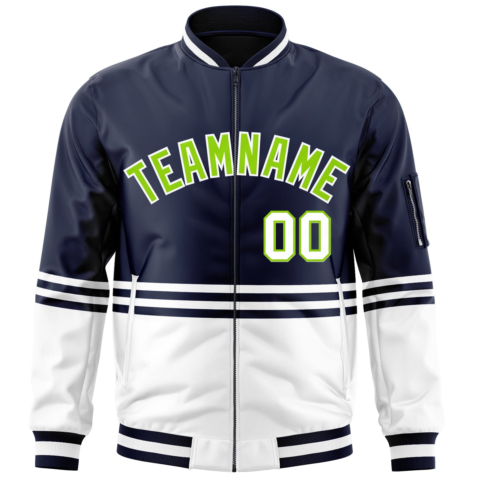 Custom Navy Neon Green-White Varsity Full-Zip Color Block Letterman Bomber Jacket