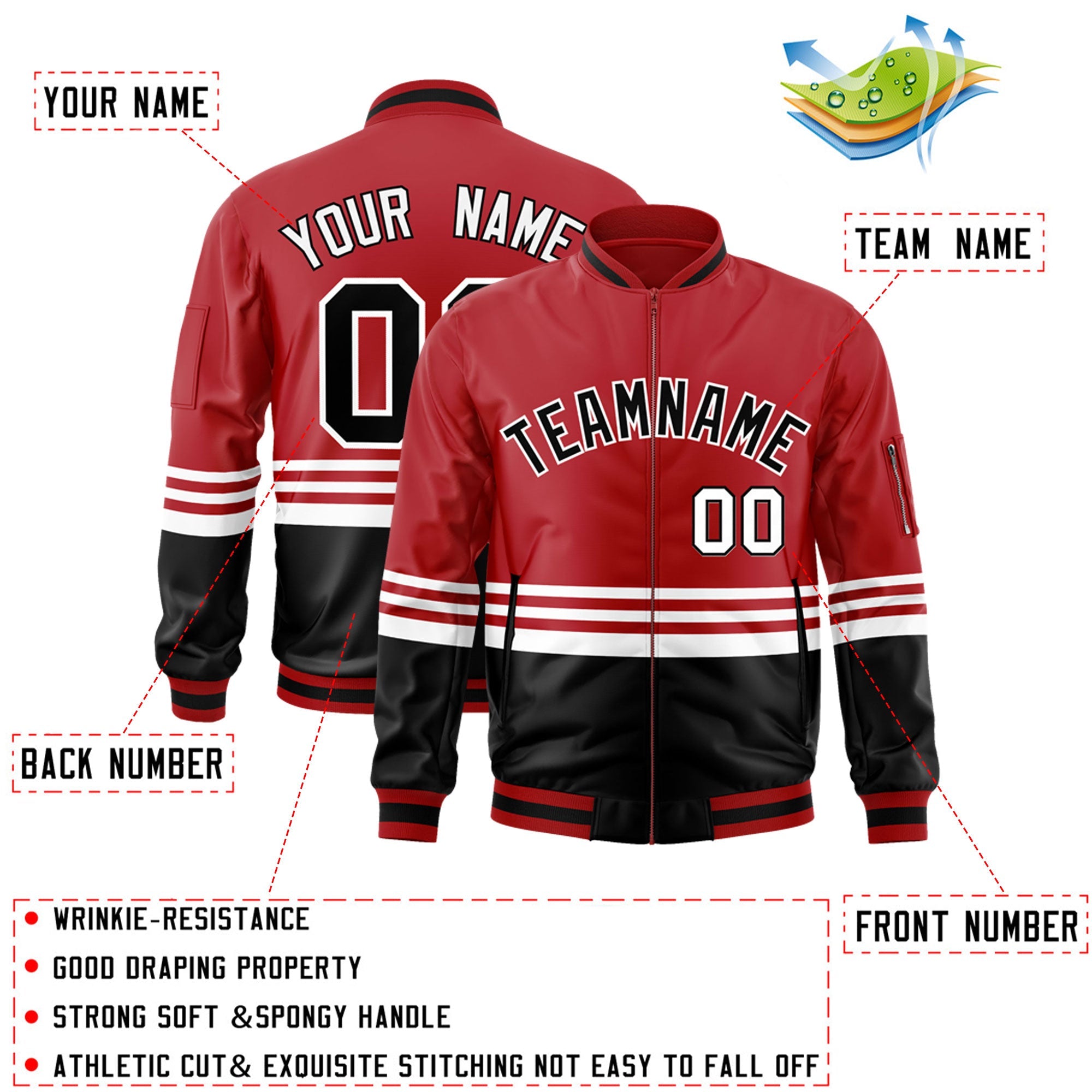 Custom Red Black-White Varsity Full-Zip Color Block Letterman Bomber Jacket