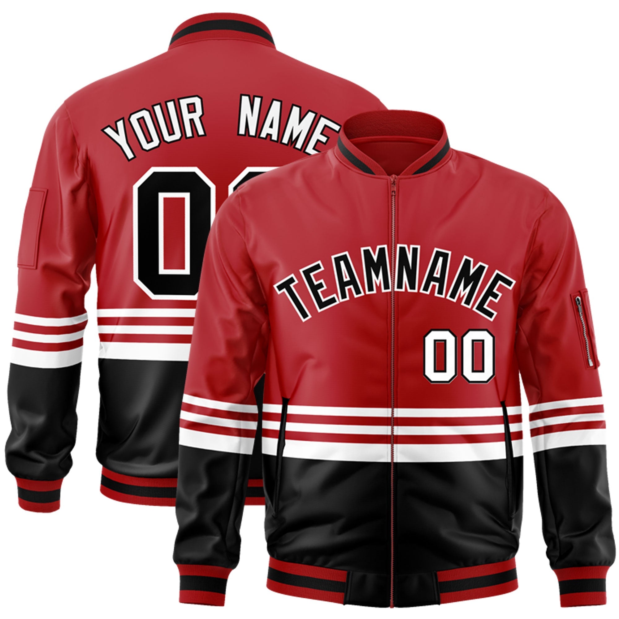 Custom Red Black-White Varsity Full-Zip Color Block Letterman Bomber Jacket