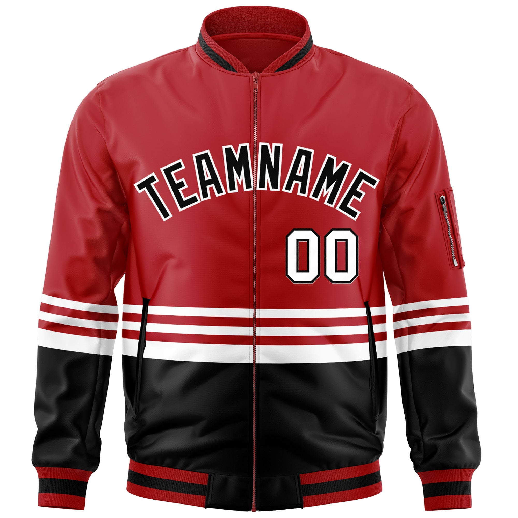 Custom Red Black-White Varsity Full-Zip Color Block Letterman Bomber Jacket