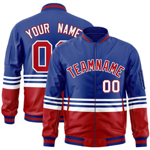 Custom Royal Red-White Varsity Full-Zip Color Block Letterman Bomber Jacket