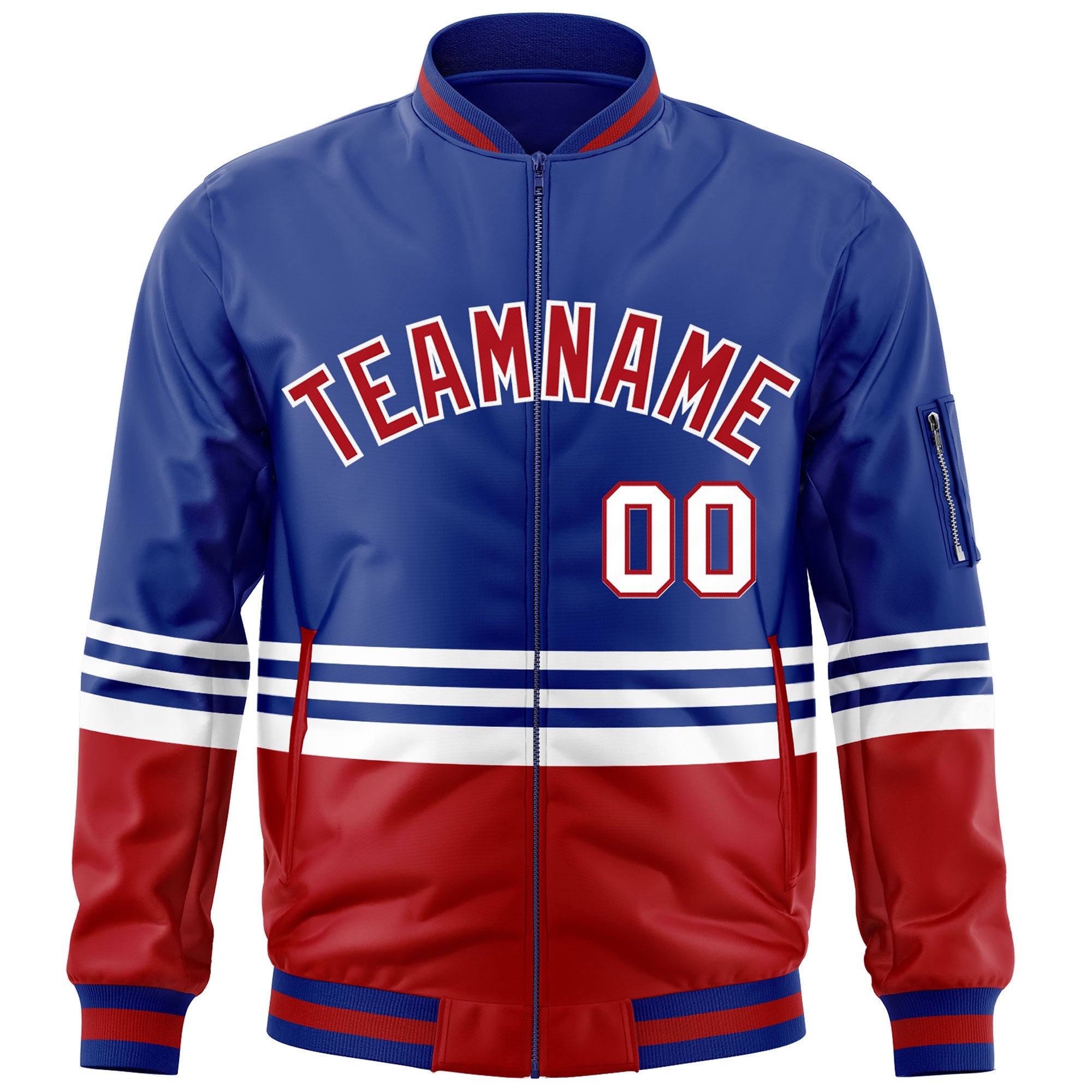 Custom Royal Red-White Varsity Full-Zip Color Block Letterman Bomber Jacket