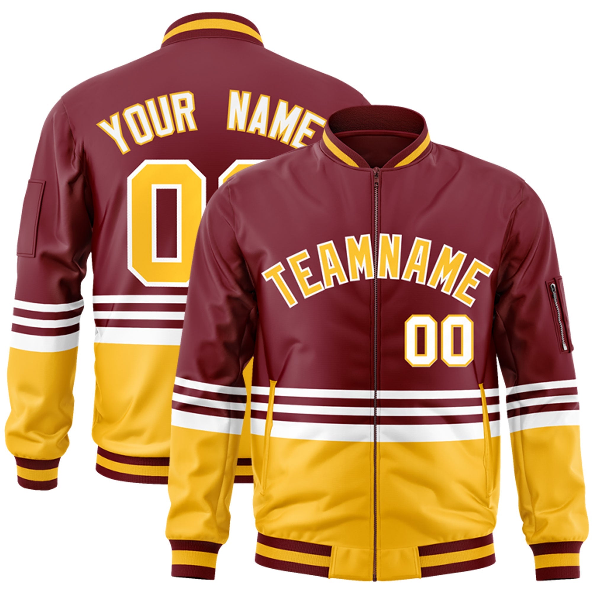 Custom Crimson Gold-White Varsity Full-Zip Color Block Letterman Bomber Jacket