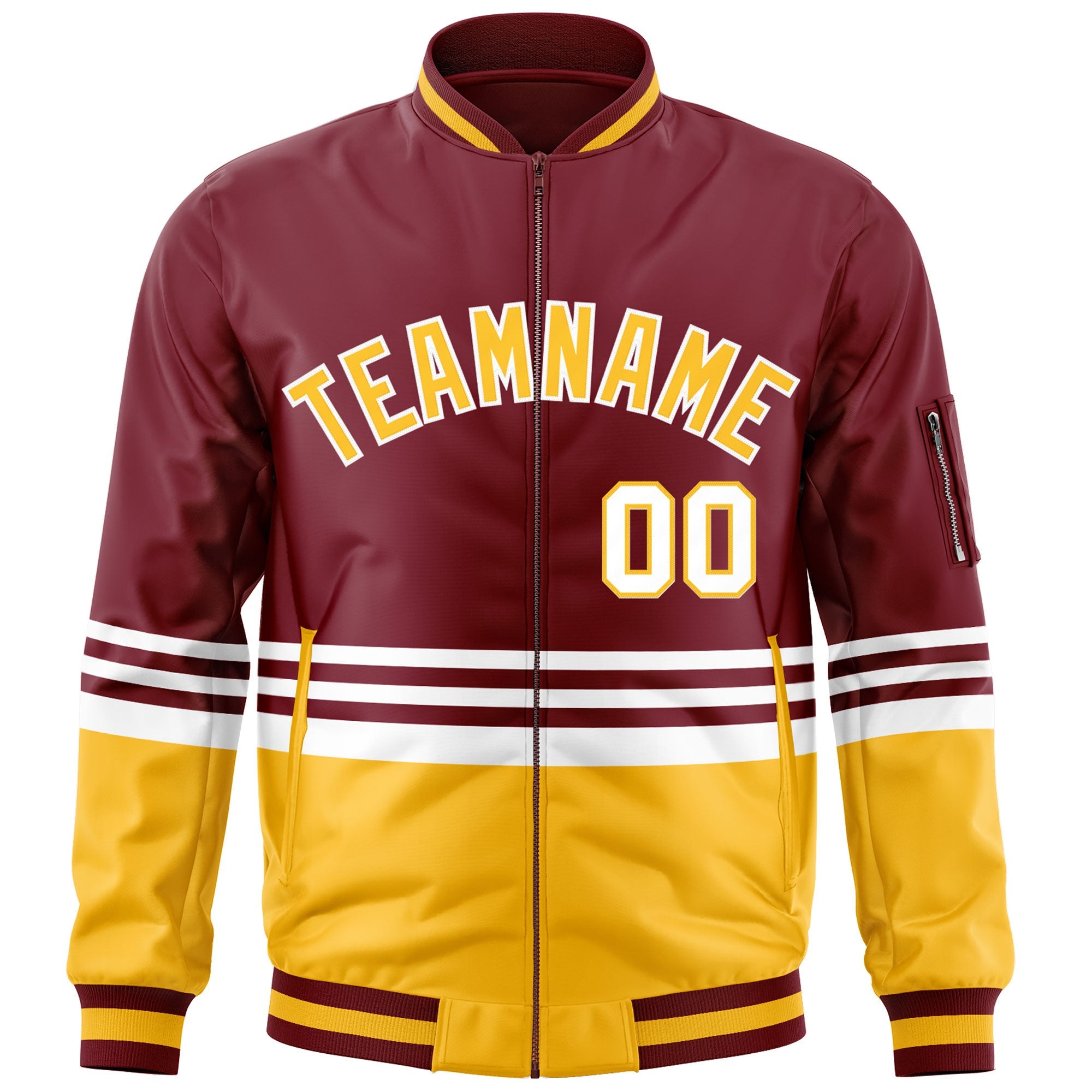 Custom Crimson Gold-White Varsity Full-Zip Color Block Letterman Bomber Jacket