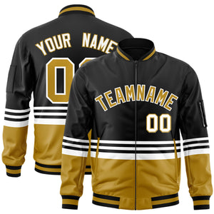 Custom Black Old Gold-White Varsity Full-Zip Color Block Letterman Bomber Jacket