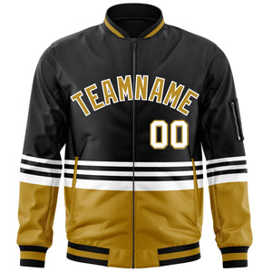 Custom Black Old Gold-White Varsity Full-Zip Color Block Letterman Bomber Jacket