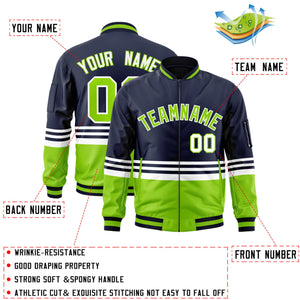 Custom Navy Neon Green-White Varsity Full-Zip Color Block Letterman Bomber Jacket