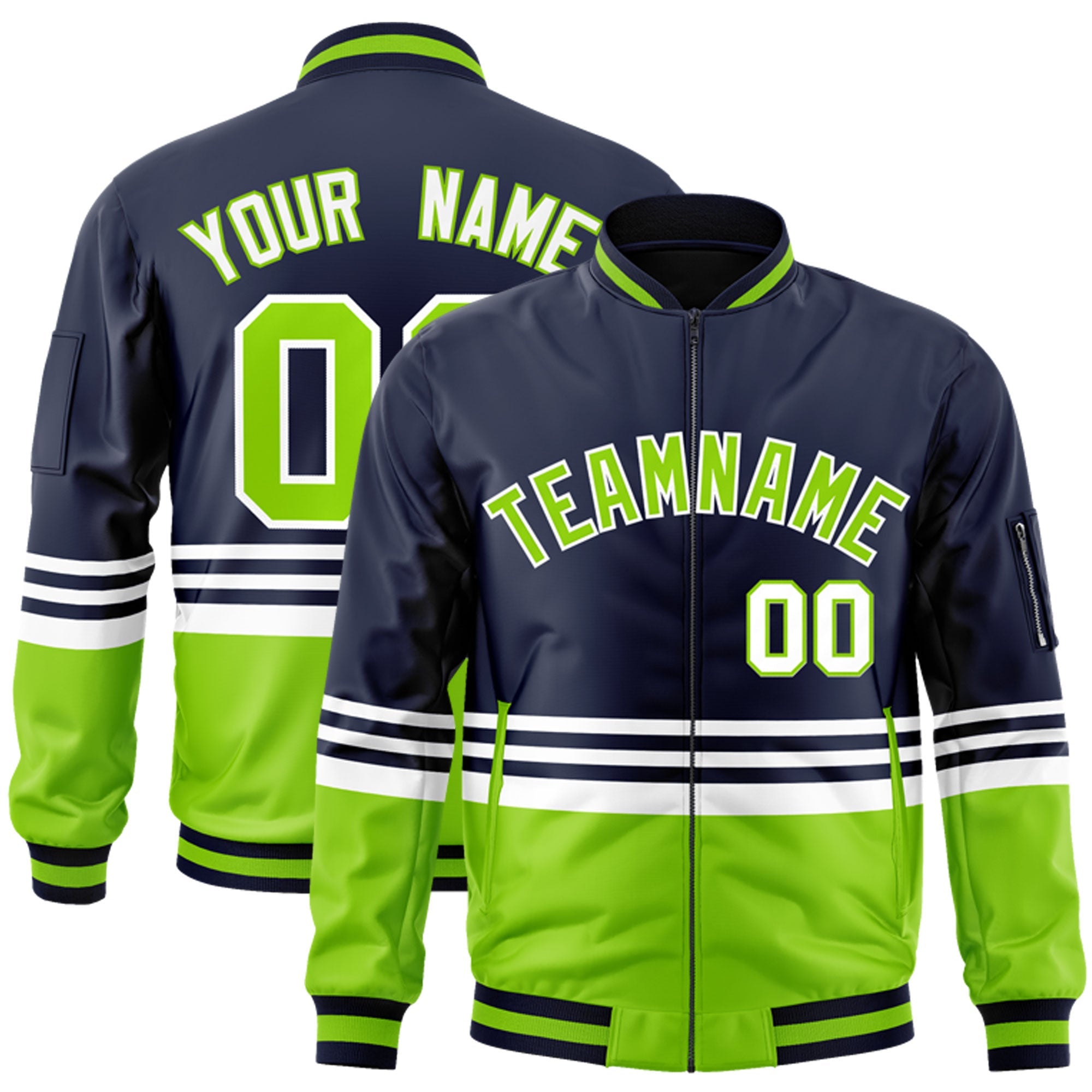 Custom Navy Neon Green-White Varsity Full-Zip Color Block Letterman Bomber Jacket