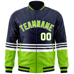 Custom Navy Neon Green-White Varsity Full-Zip Color Block Letterman Bomber Jacket