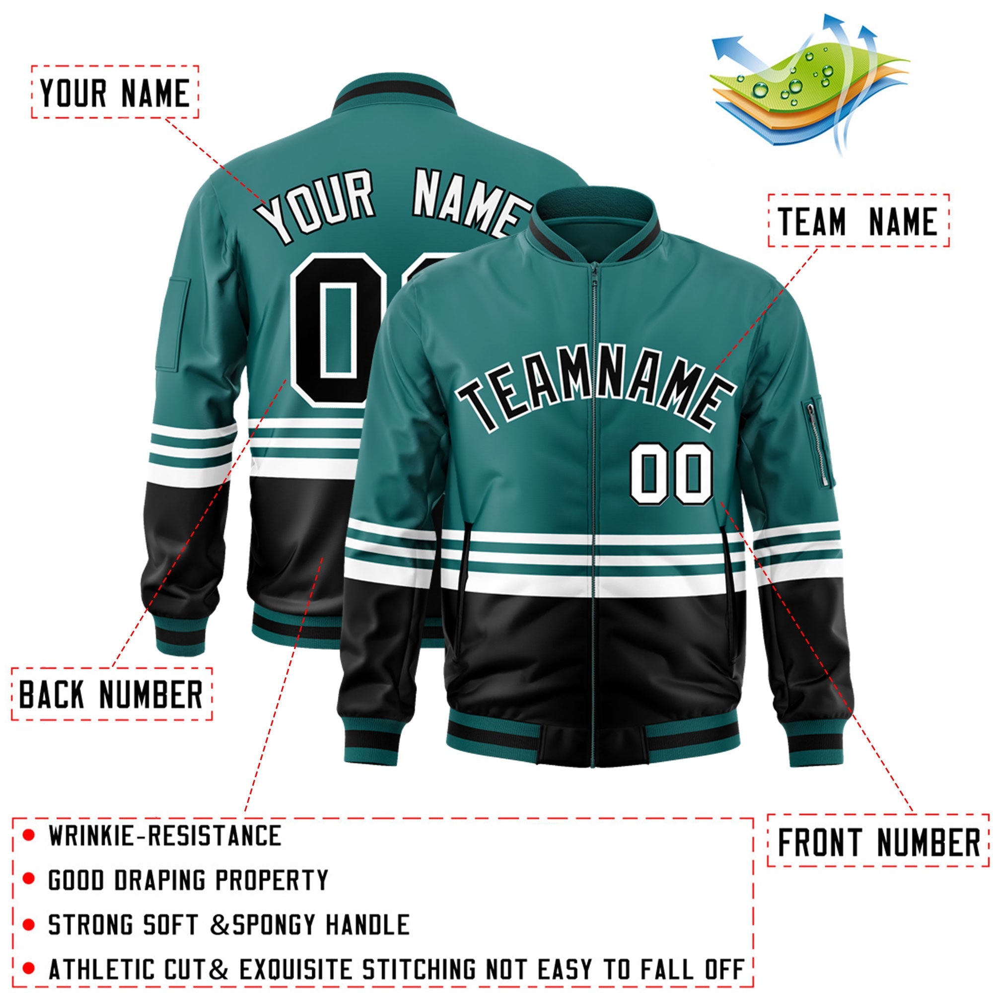 Custom Aqua Black-White Varsity Full-Zip Color Block Letterman Bomber Jacket