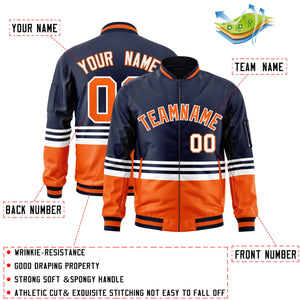 Custom Navy Orange-White Varsity Full-Zip Color Block Letterman Bomber Jacket