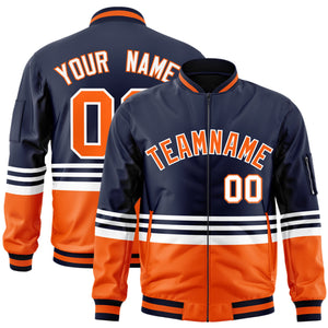 Custom Navy Orange-White Varsity Full-Zip Color Block Letterman Bomber Jacket