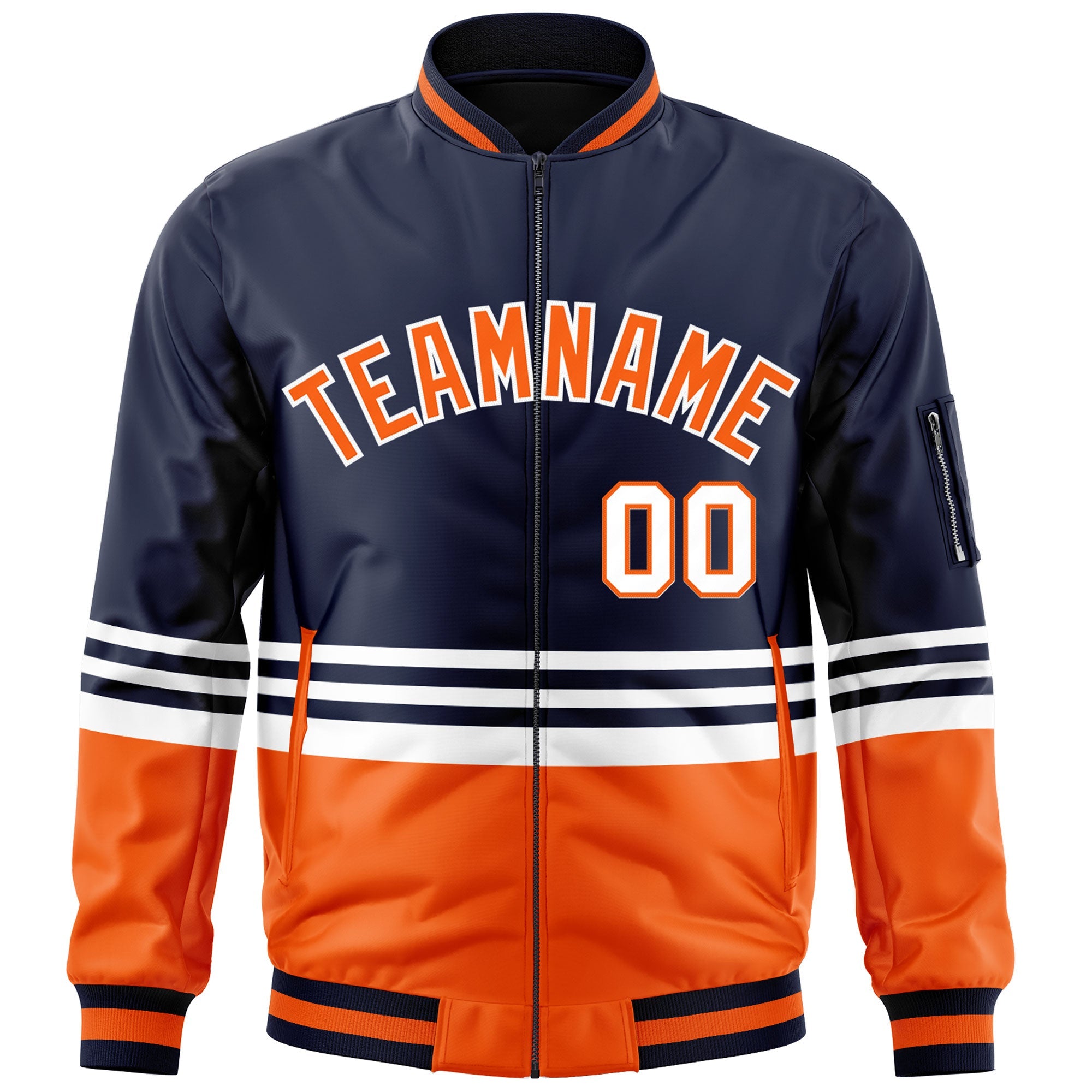 Custom Navy Orange-White Varsity Full-Zip Color Block Letterman Bomber Jacket