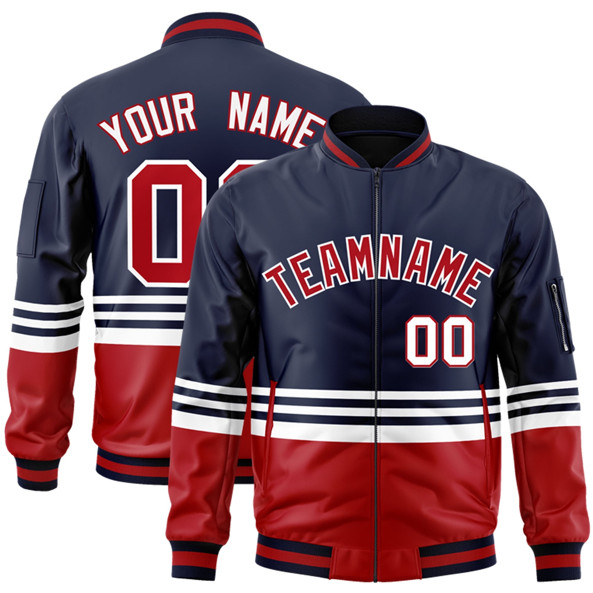 Custom Navy Red-White Varsity Full-Zip Color Block Letterman Bomber Jacket