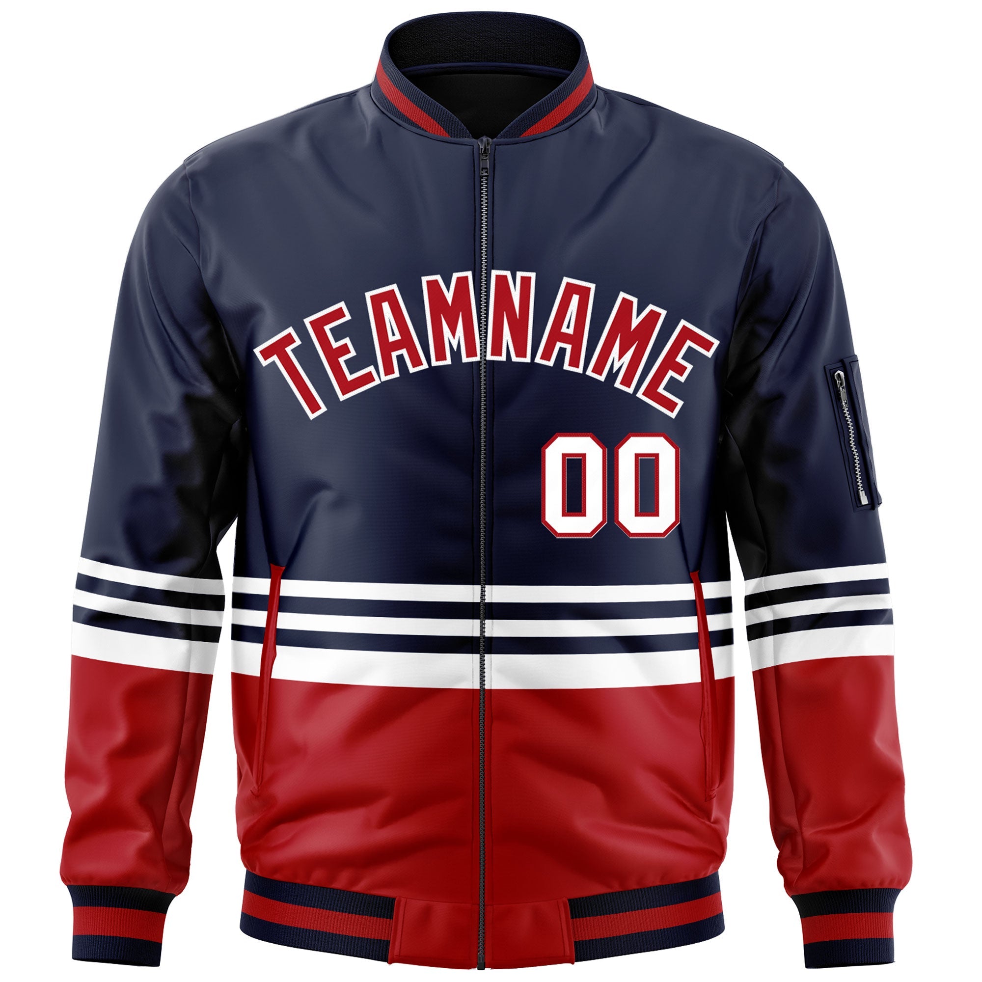 Custom Navy Red-White Varsity Full-Zip Color Block Letterman Bomber Jacket