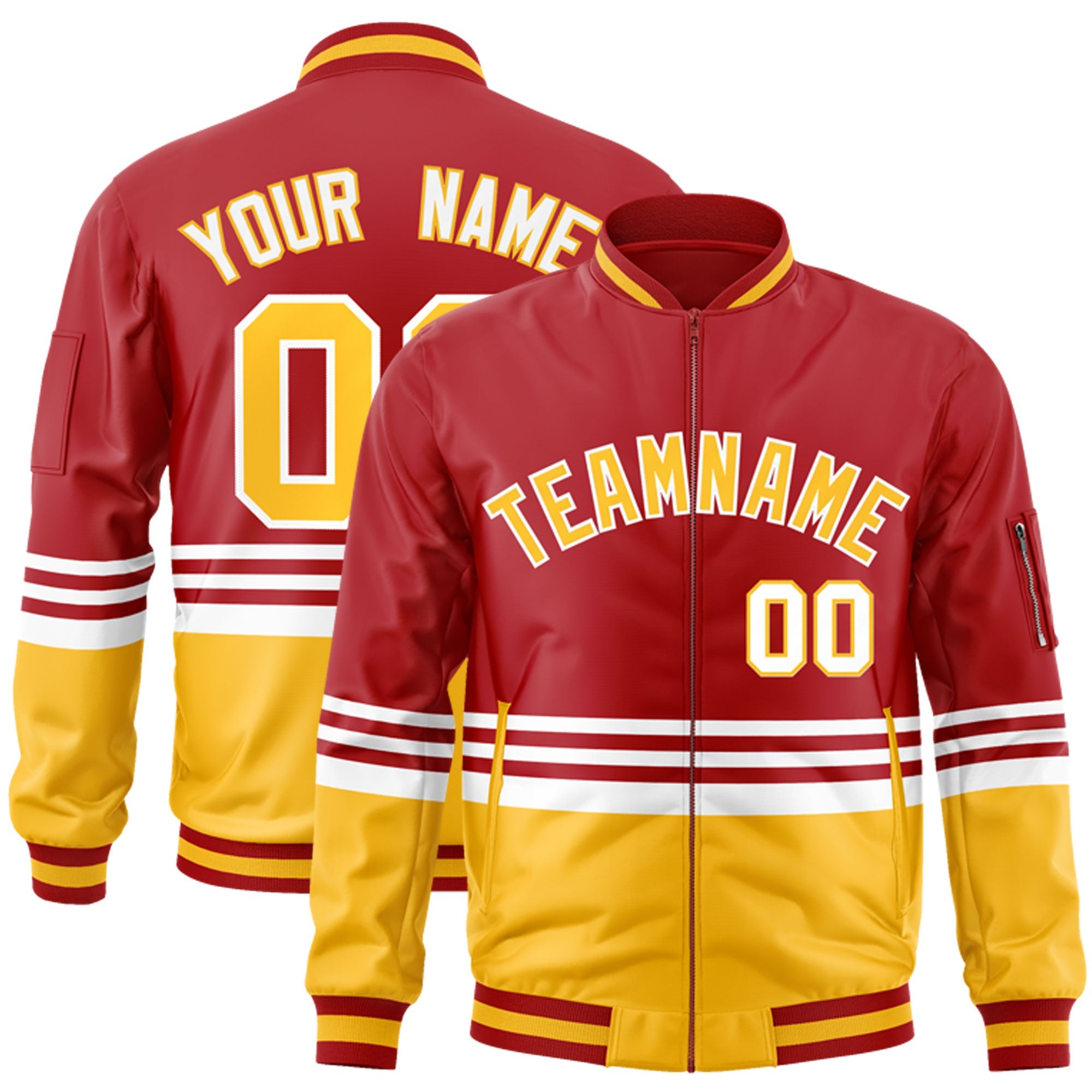 Custom Red Gold-White Varsity Full-Zip Color Block Letterman Bomber Jacket