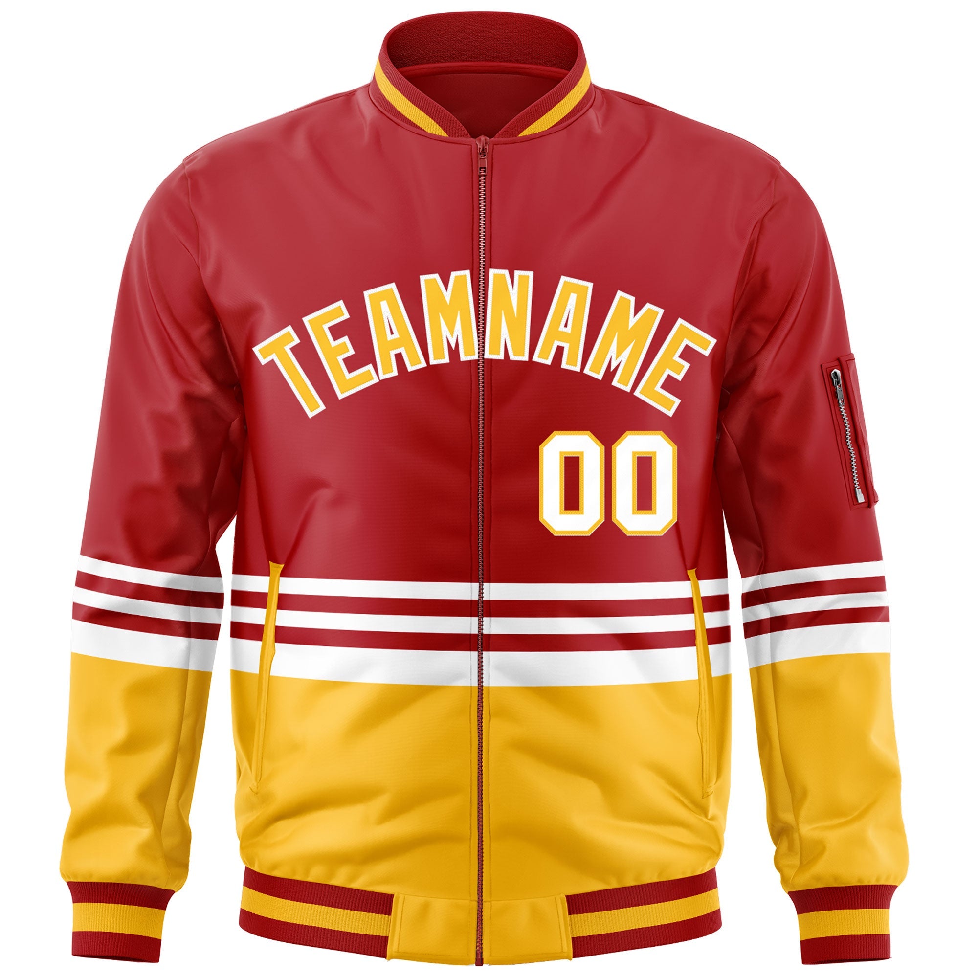 Custom Red Gold-White Varsity Full-Zip Color Block Letterman Bomber Jacket