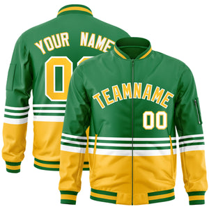 Custom Kelly Green Gold-White Varsity Full-Zip Color Block Letterman Bomber Jacket