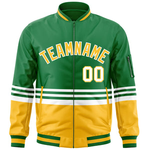 Custom Kelly Green Gold-White Varsity Full-Zip Color Block Letterman Bomber Jacket