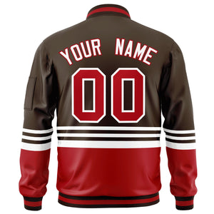 Custom Brown Red-White Varsity Full-Zip Color Block Letterman Bomber Jacket