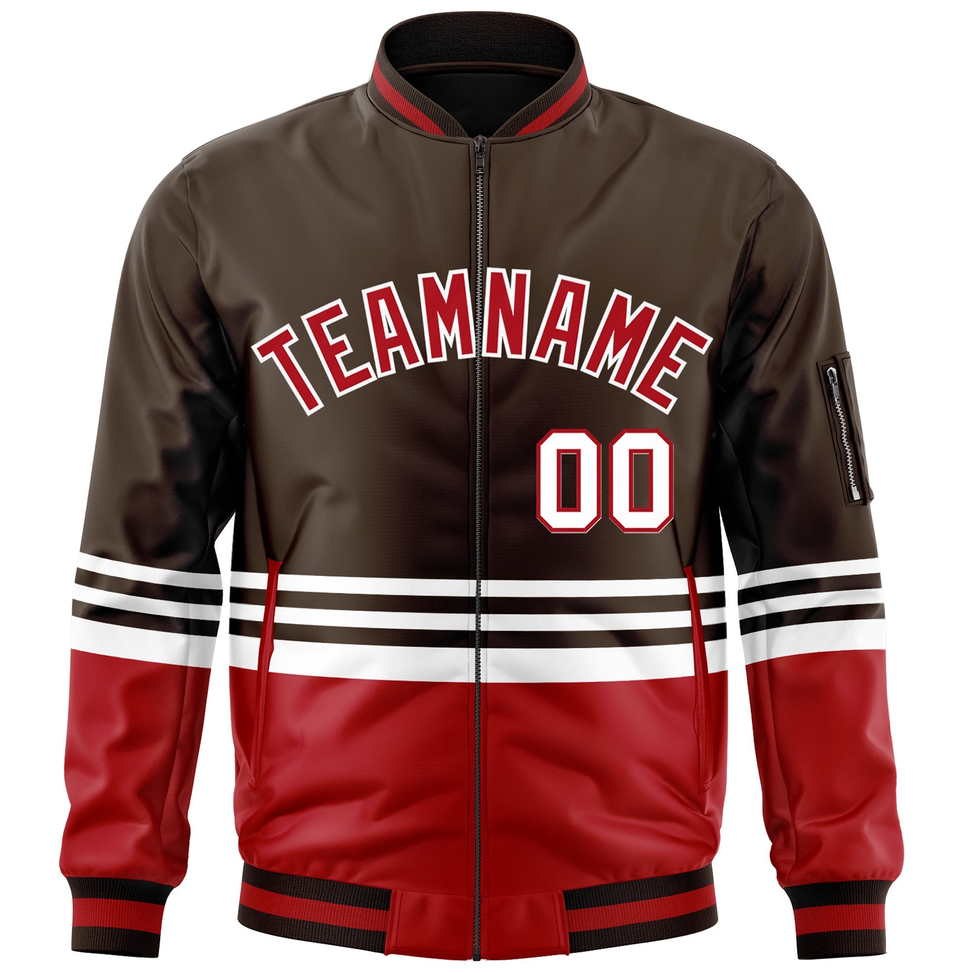 Custom Brown Red-White Varsity Full-Zip Color Block Letterman Bomber Jacket