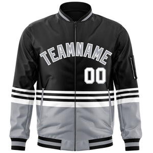 Custom Black Gray-White Varsity Full-Zip Color Block Letterman Bomber Jacket