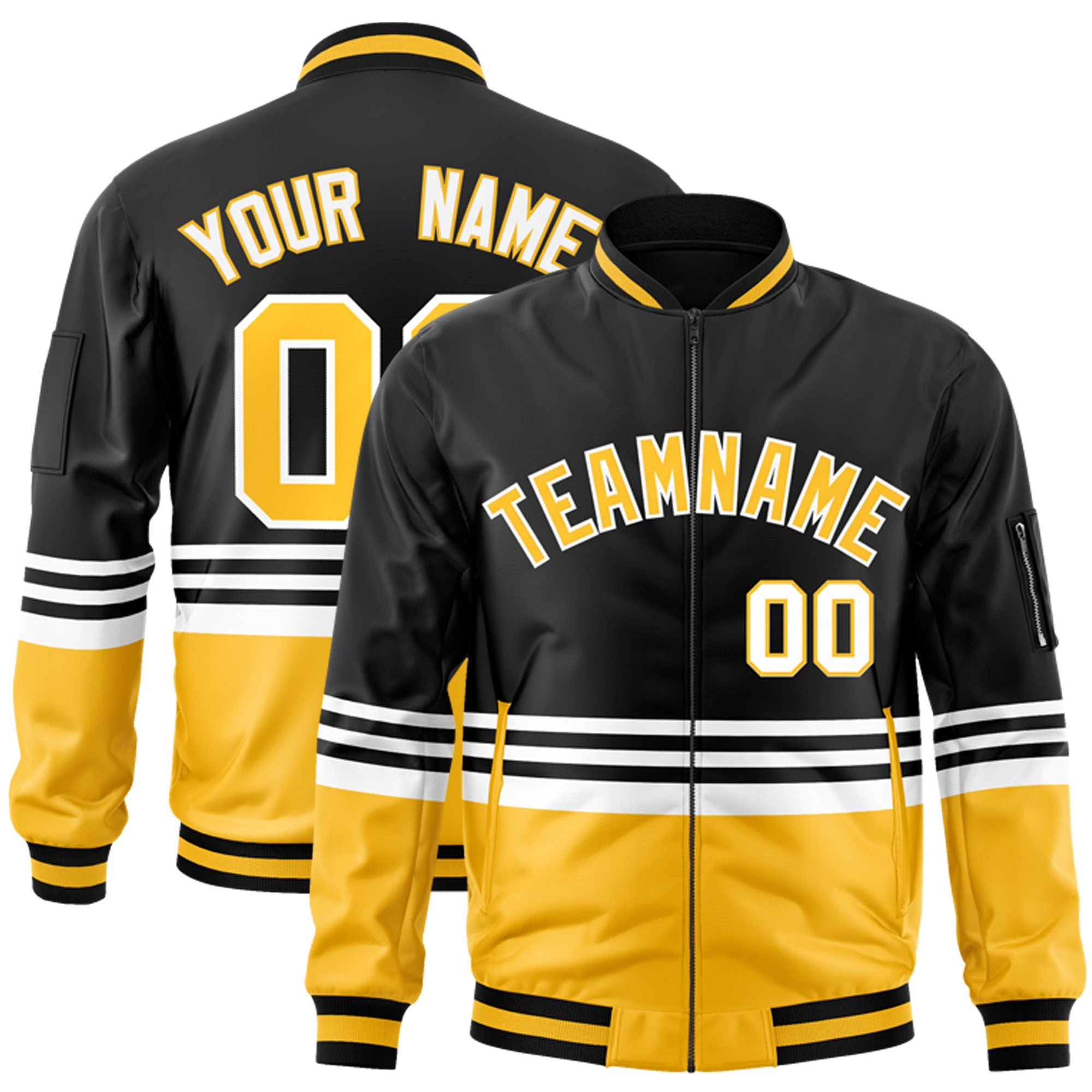 Custom Black Gold-White Varsity Full-Zip Color Block Letterman Bomber Jacket