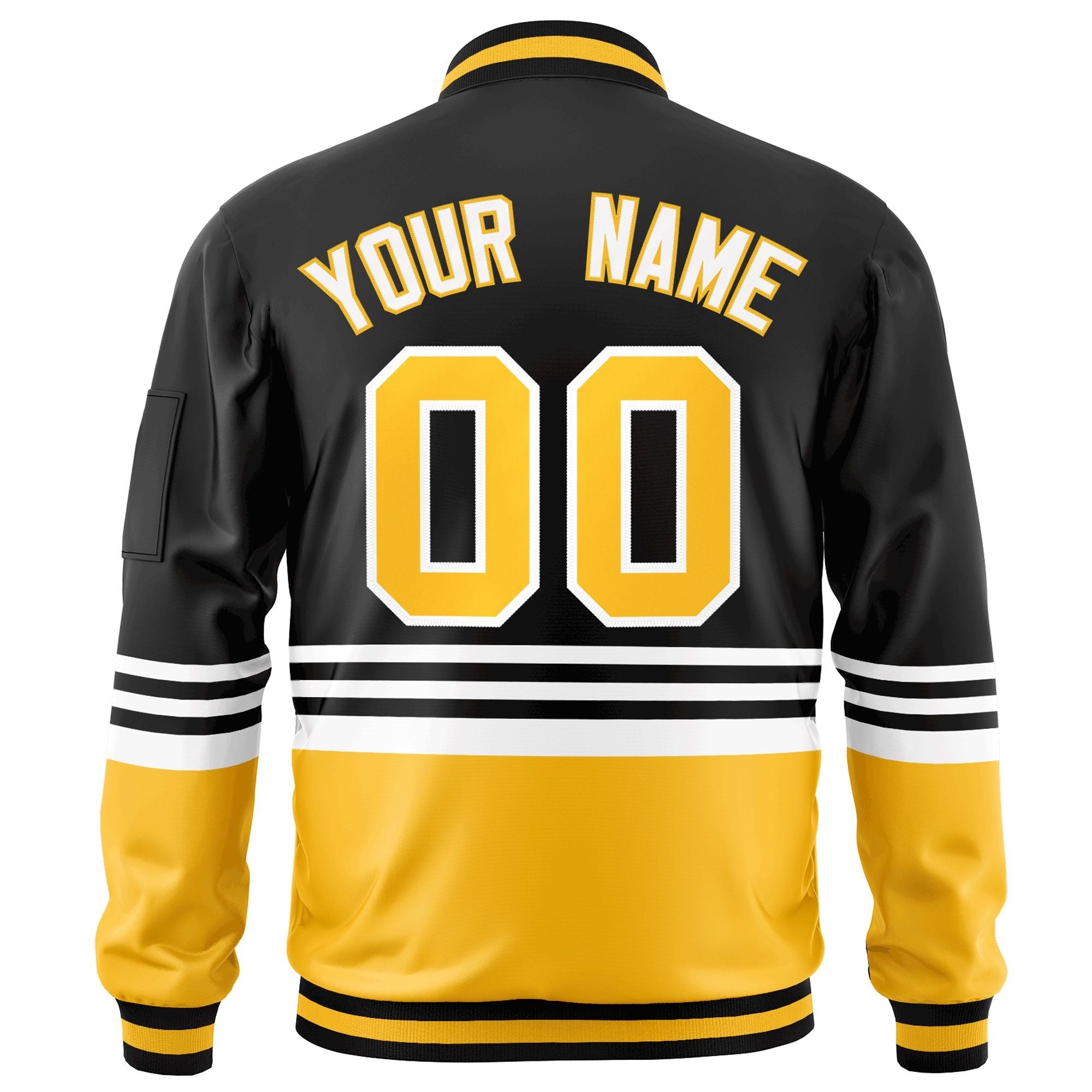 Custom Black Gold-White Varsity Full-Zip Color Block Letterman Bomber Jacket