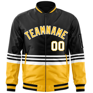 Custom Black Gold-White Varsity Full-Zip Color Block Letterman Bomber Jacket