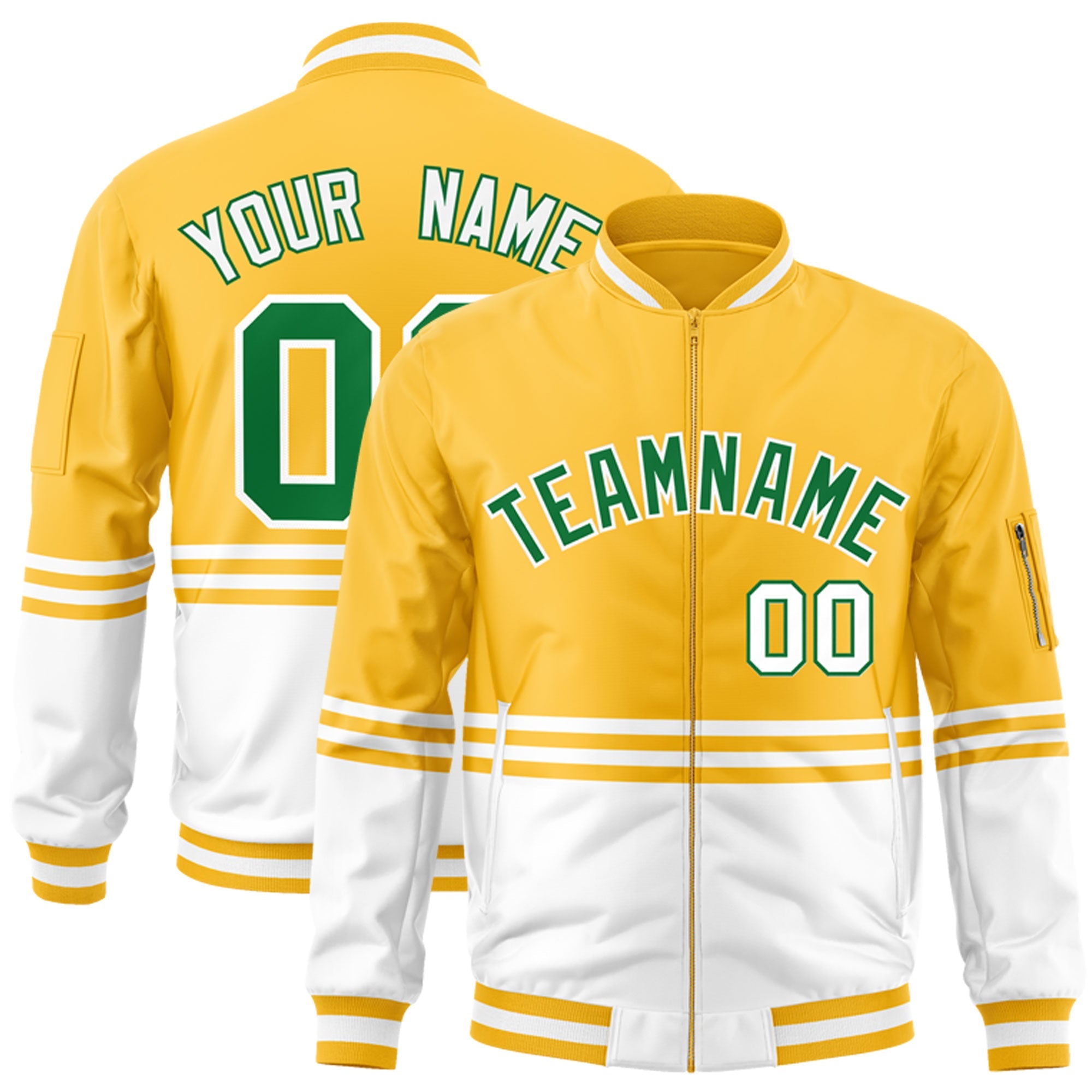 Custom Gold Kelly Green-White Varsity Full-Zip Color Block Letterman Bomber Jacket