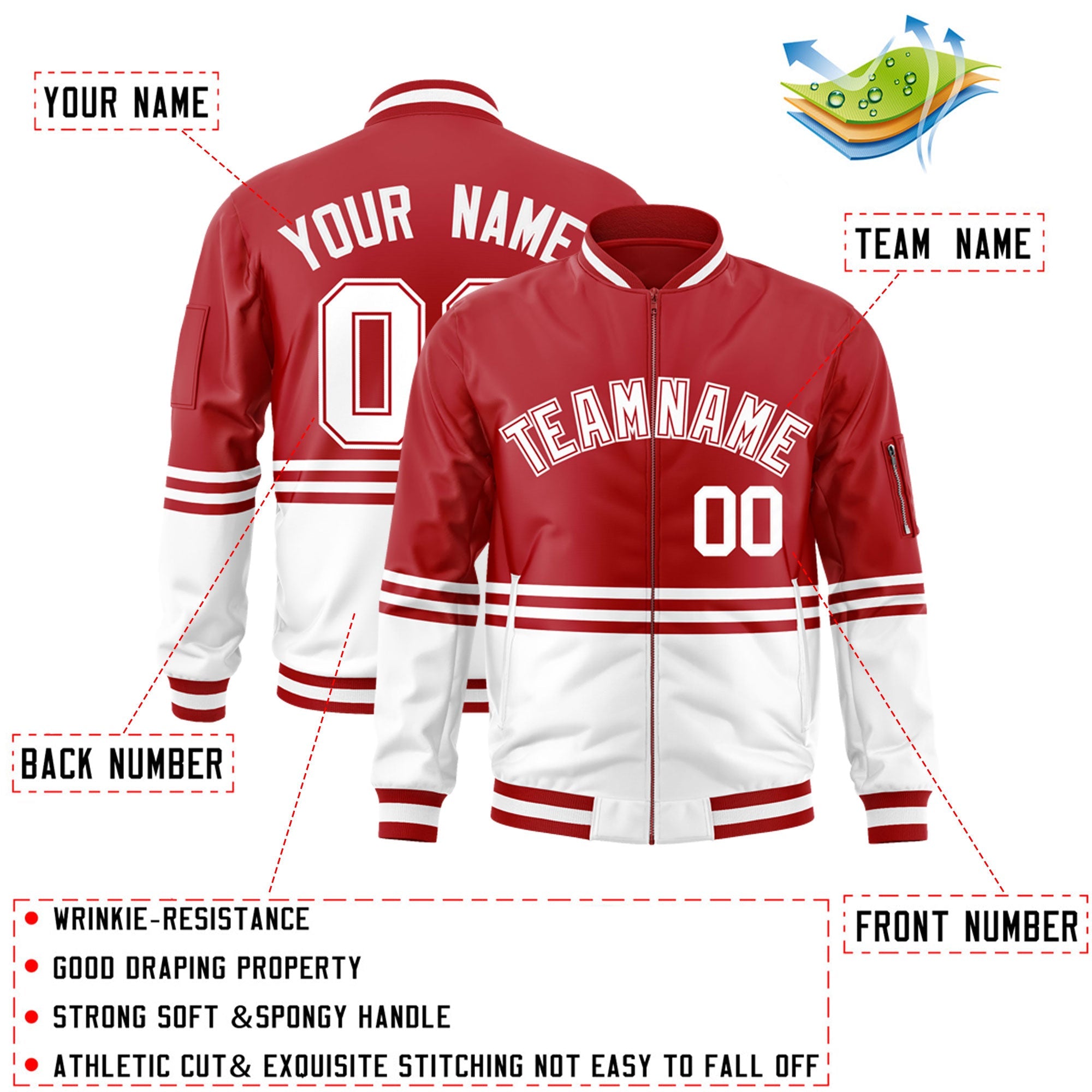 Custom Red White-Red Varsity Full-Zip Color Block Letterman Bomber Jacket