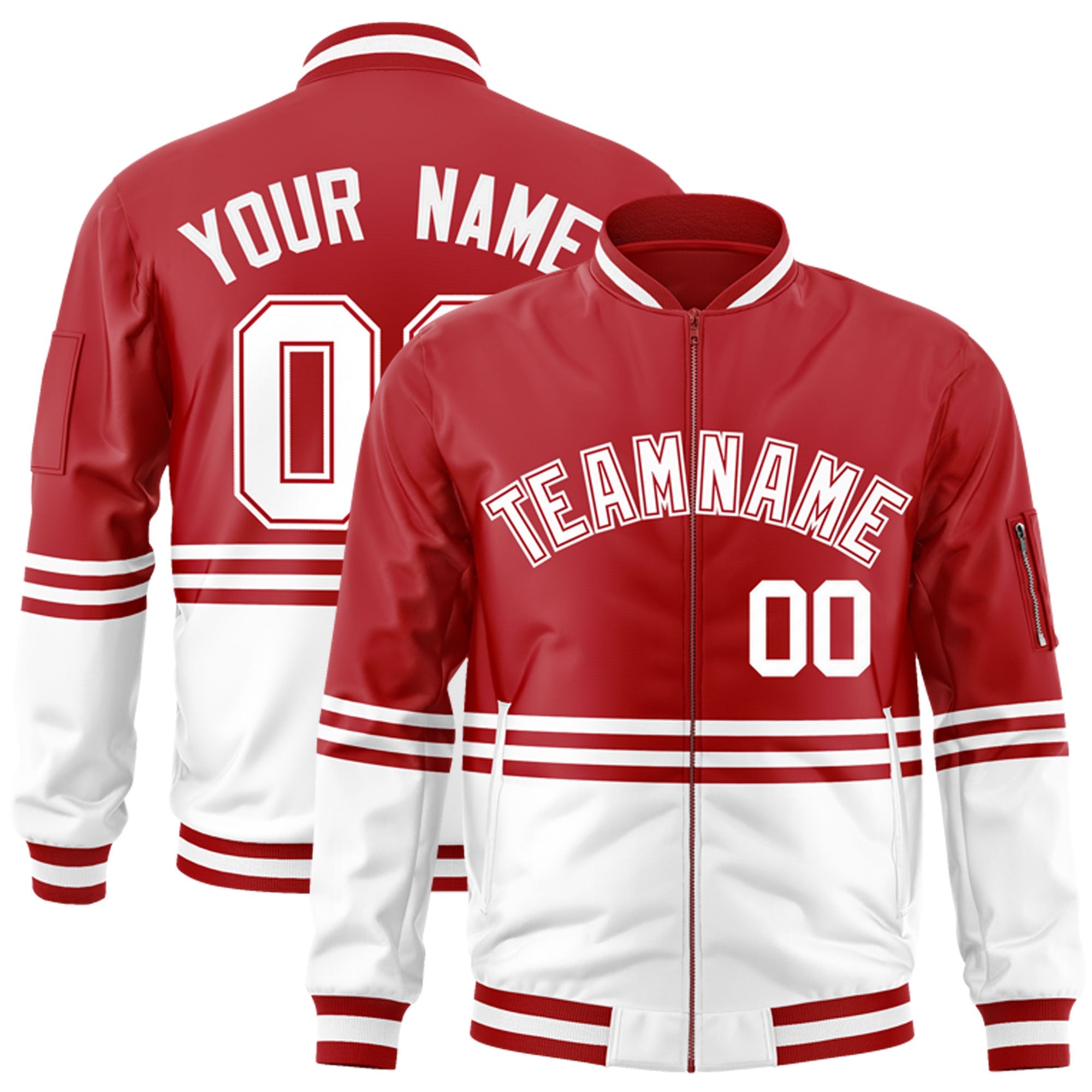 Custom Red White-Red Varsity Full-Zip Color Block Letterman Bomber Jacket