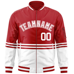 Custom Red White-Red Varsity Full-Zip Color Block Letterman Bomber Jacket