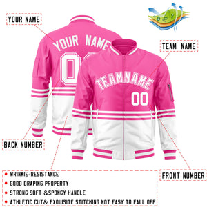 Custom Pink White-Pink Varsity Full-Zip Color Block Letterman Bomber Jacket