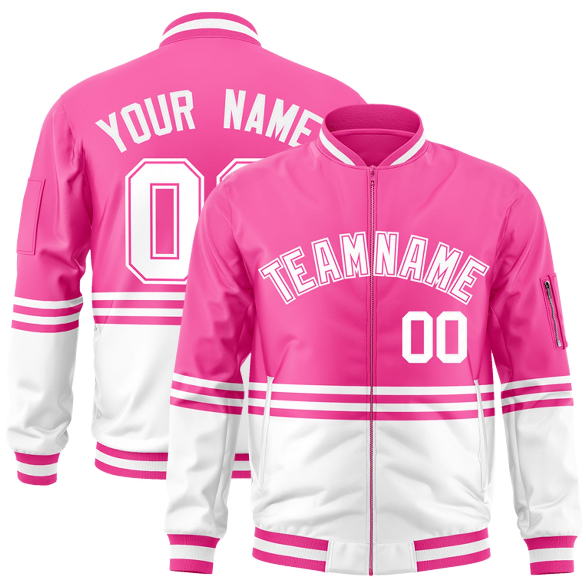 Custom Pink White-Pink Varsity Full-Zip Color Block Letterman Bomber Jacket