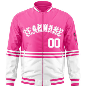 Custom Pink White-Pink Varsity Full-Zip Color Block Letterman Bomber Jacket