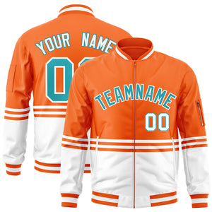 Custom Orange Aqua-White Varsity Full-Zip Color Block Letterman Bomber Jacket