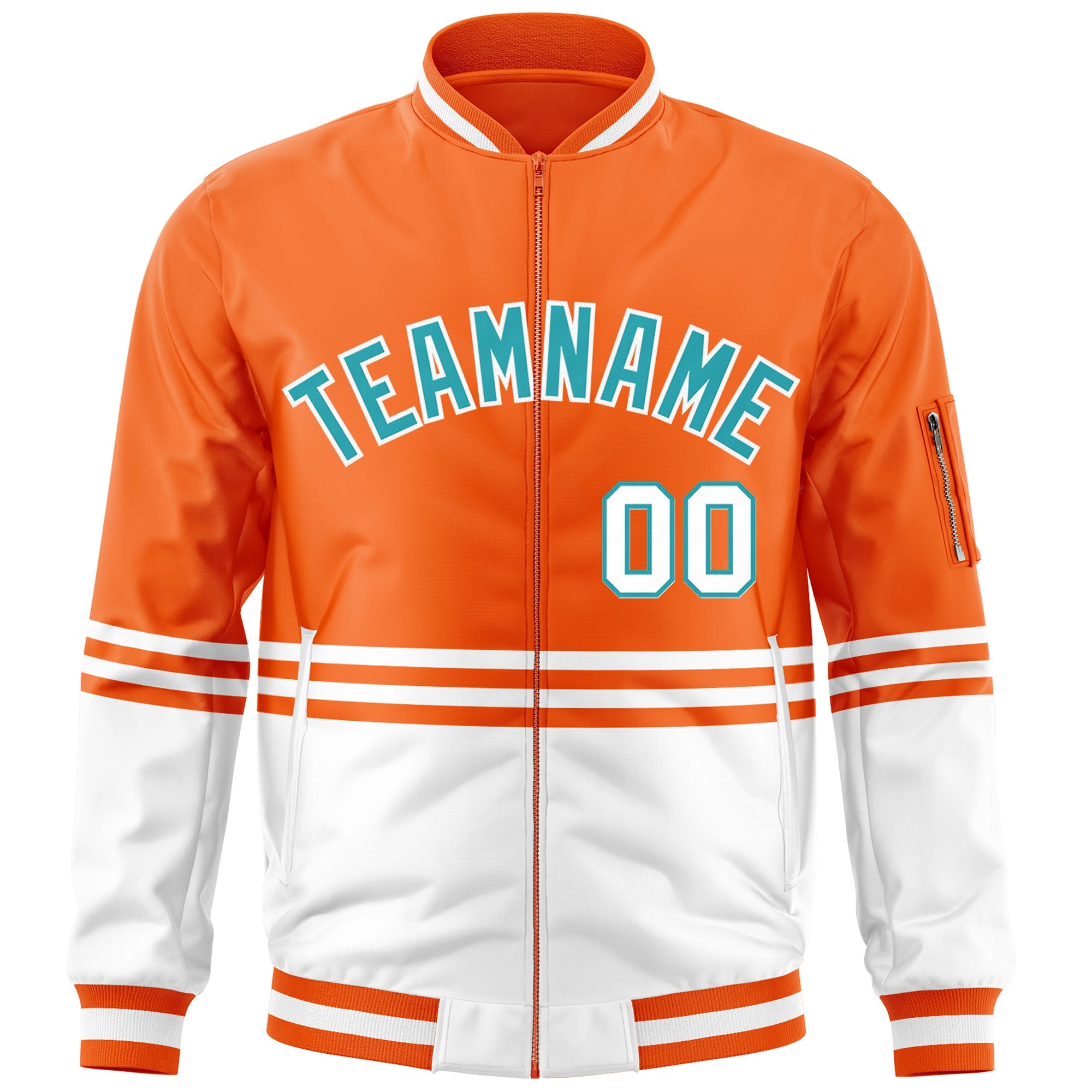 Custom Orange Aqua-White Varsity Full-Zip Color Block Letterman Bomber Jacket