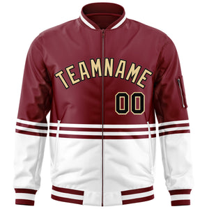 Custom Crimson Khaki-Black Varsity Full-Zip Color Block Letterman Bomber Jacket