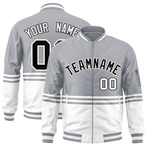 Custom Gray Black-White Varsity Full-Zip Color Block Letterman Bomber Jacket