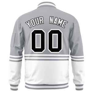 Custom Gray Black-White Varsity Full-Zip Color Block Letterman Bomber Jacket